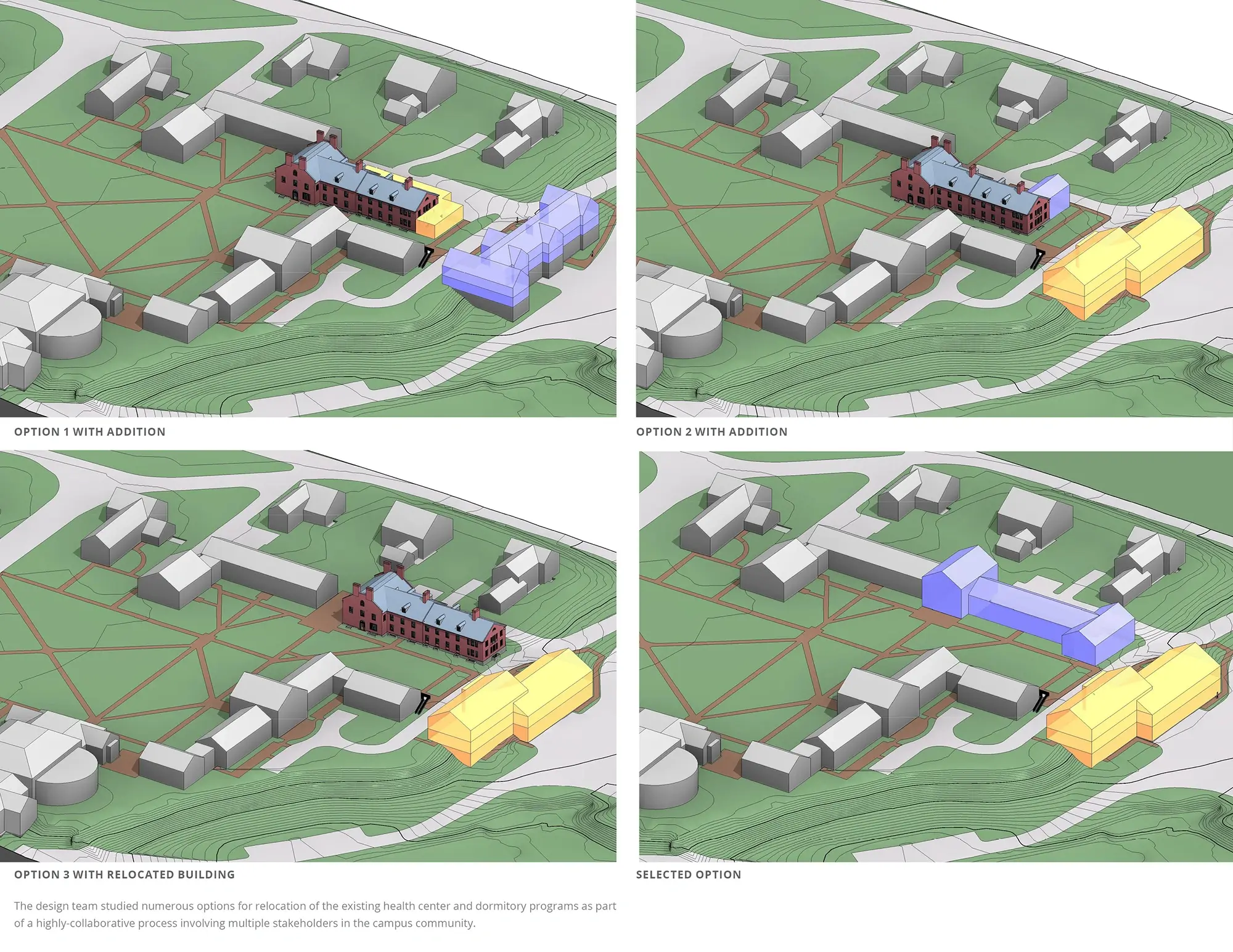 rendering of multiple options for a new addition on a building.
