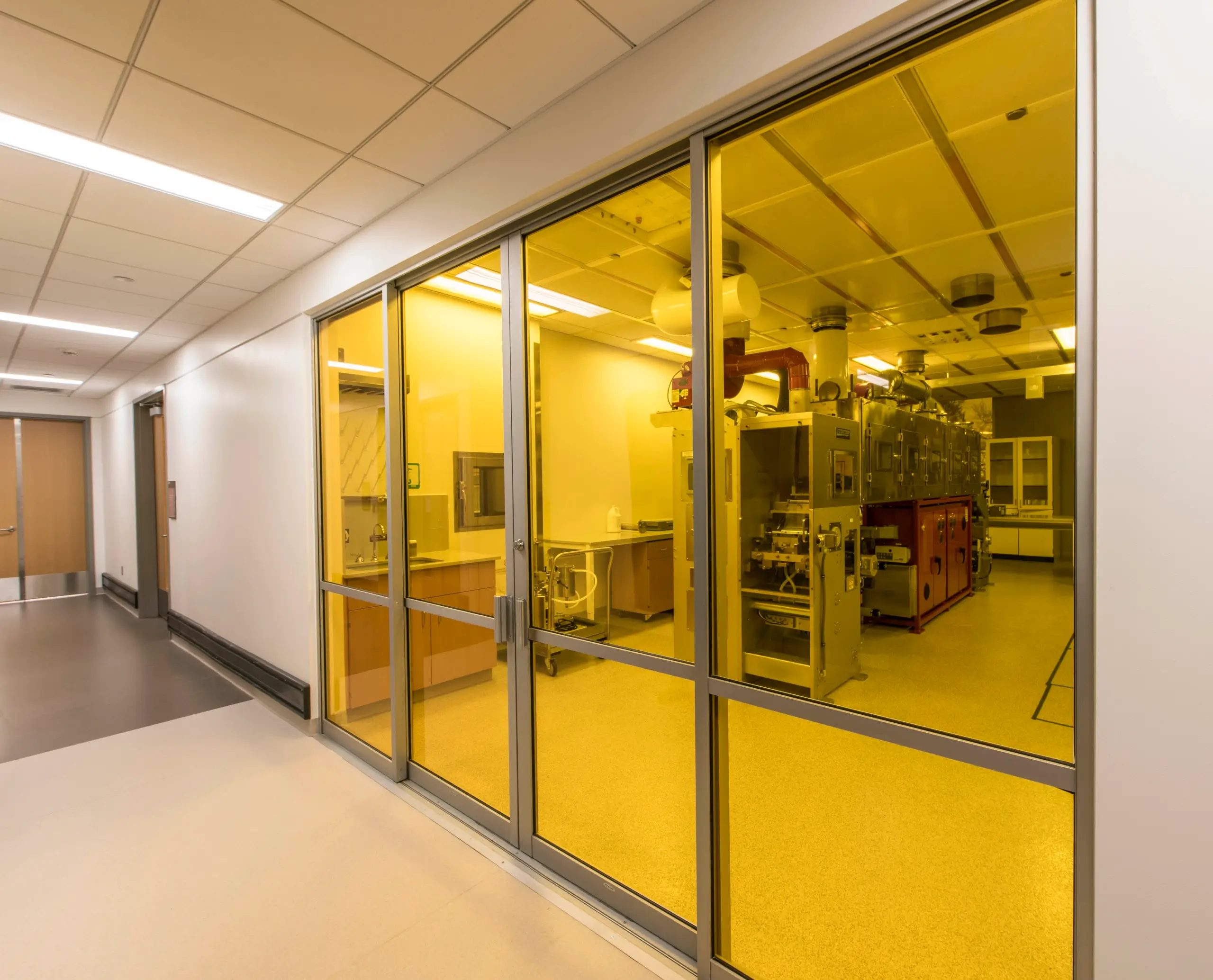 lab equipment through a hallway window