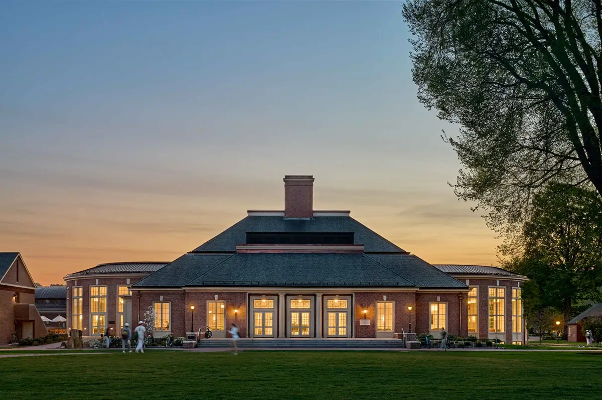 Deerfield Dining Hall at dusk from straight on
