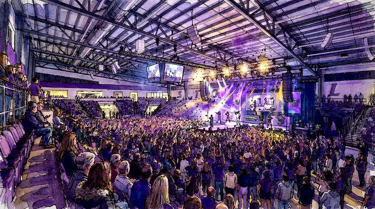 rendering of concert setup at Stonehill College Arena